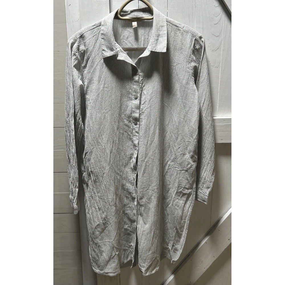 Eileen Fisher Women's XS Long Button Up Shirt Side Slits L. Sleeve Gray Stripe
